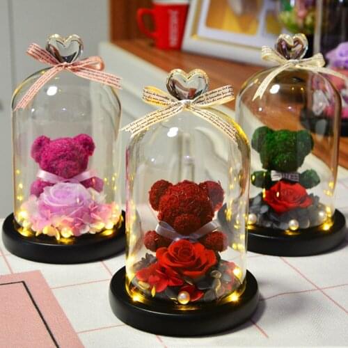 Eternal Preserved Fresh Rose Lovely Teddy Bear Molding Led Light In A Flask Immortal Rose Valentines Day Mothers Day Gifts