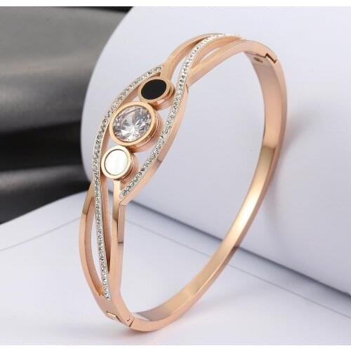 New Arrival Hot Women 316L Stainless Steel Rose Gold Crystals Bracelet Spring Bangle Wedding Jewelry