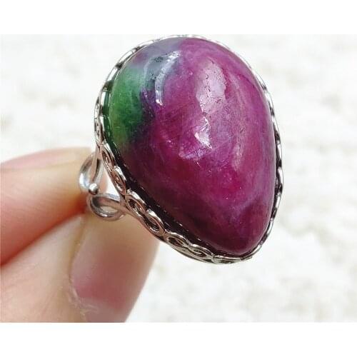 Top Quality Natural Ruby Zoisite Red Green Adjustable Ring Gemstone 21x15mm 925 Sterling Silver Water Drop Big Size Ring AAAAAA
