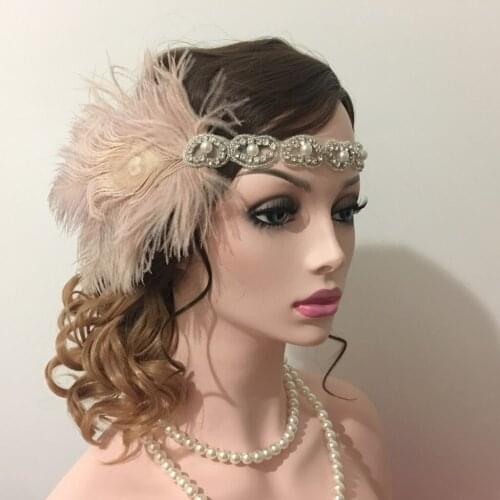 Feather Headband Elastic Pink Feather Pearls Rhinestone Hair Band 1920s Gatsby Charleston Party Vintage Forehead Decorations
