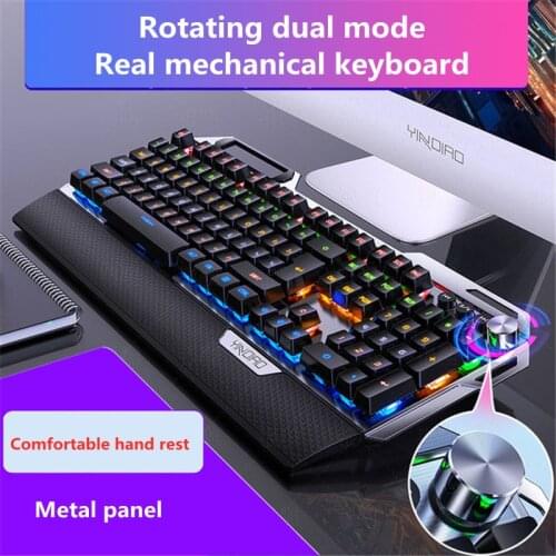 Wired metal mechanical gaming keyboard RGB with hand rest phone holder knob adjustment Full Size 104 key Blue Black Switch