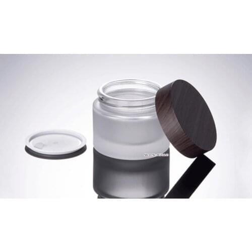 30 50g/ml Translucent Frosted Glass with Black Wooden cap, Round Glass Jar Straight Cream Jars plastic lid cap inner liner 200pc