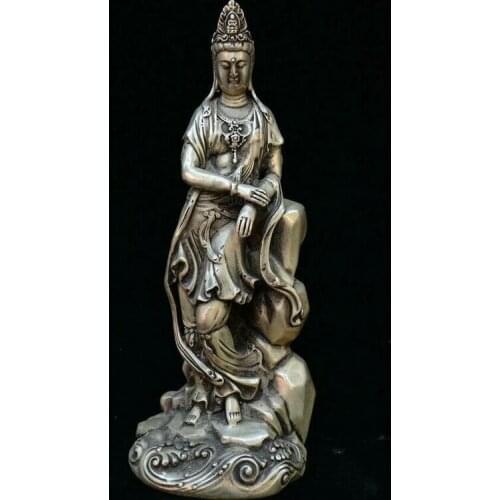 9" Old Chinese Buddhism Silver Free Guan Yin Avalokitesvara Boddhisattva Statue