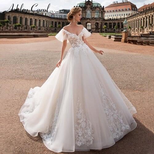 Ashley Carol Sweetheart Cap Sleeve Tulle Wedding Dresses 2021 Appliques Vintage Bride Dress Princess Romantic Wedding Gowns