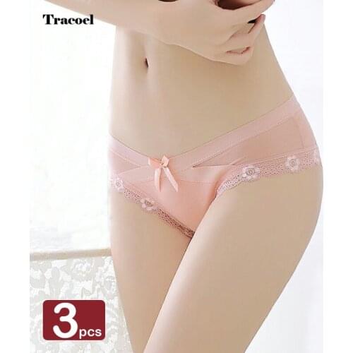 Tracoel 3Pcs/Pack New Bow Lace Mesh Sexy Panties For Women Transparent Underwear Sports Briefs Quick Drying Low Rise Underpants