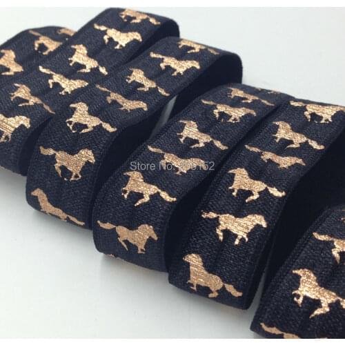 High Quality 5/8" Horse Print Fold Over Elastic Copper Gold Foil Horse FOE Wholesale Elastic Ribbon for DIY Headwear 100Y/lot