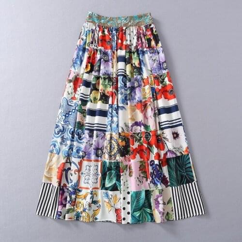 High Spring Waist Summer 2021 Runway Fashion Porcelain Flower Print Dots Striped Holiday Beach Skirt