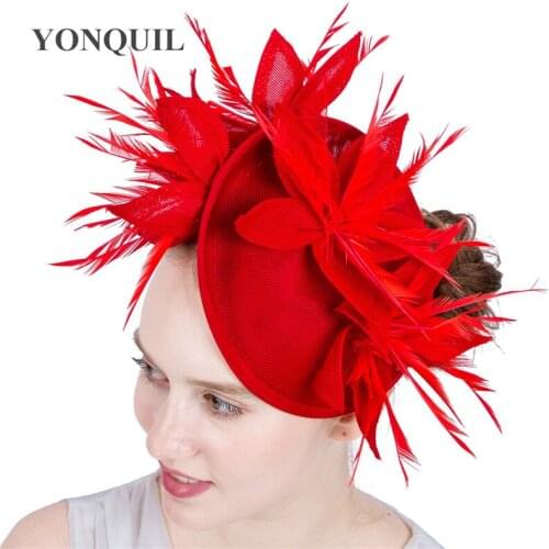Wedding Red Fascinator Hats With Headbands Feather Special Hats Popular Hatinator Elegant Women Wedding Flower Headwear SYF152