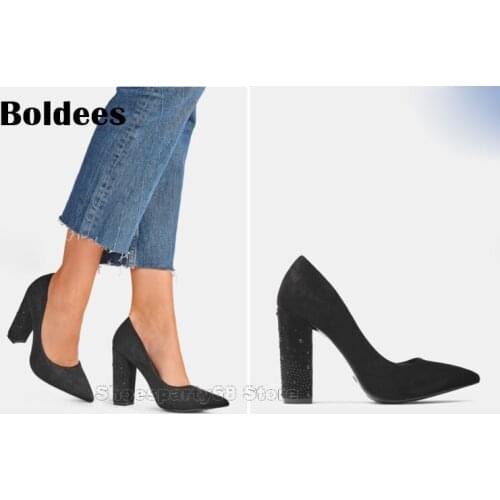 Fashion Show Concise Designer Pointed Toe Block Crystal Heeled Dress Shoes Women Spring Autumn Dress Shoes