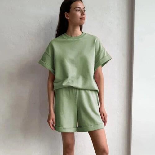 Women Sets Summer TracksuitTwo Pieces Sets Solid Short Sleeved Cotton Shirts Suit Casual Elastic Waist Shorts Outfits Beach Suit