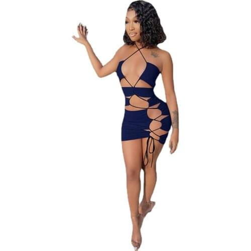 Hollow Out Lace Up One Piece Summer Mini Dress For Women Sexy Club Party Outwear Night Birthday Backless Black Dresses