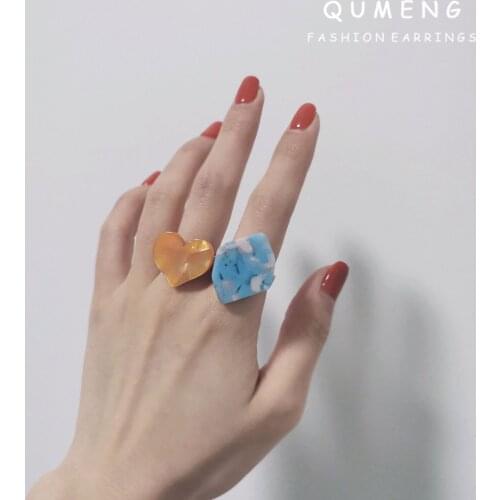 INS Orange Love Heart Blue Irregular Acrylic Acetate Open Rings Interesting Personality Hip Hop Womens Adjustable Jewelry Gift