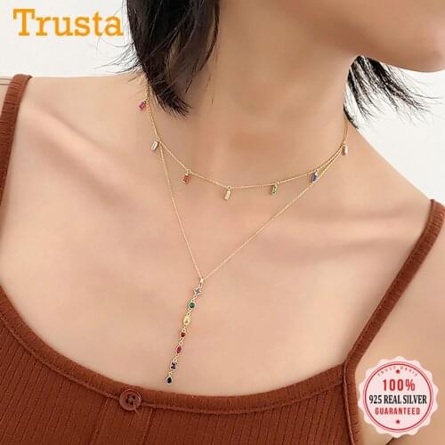 Trustdavis Real 925 Sterling Silver Sweet INS Tassel Colour CZ Stone Necklace For Women Wedding Party Fine S925 Jewelry DA1730