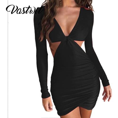 Womens Sexy Bodycon Long Sleeve V Neck Ruched Hollow Out Mini Club Dress