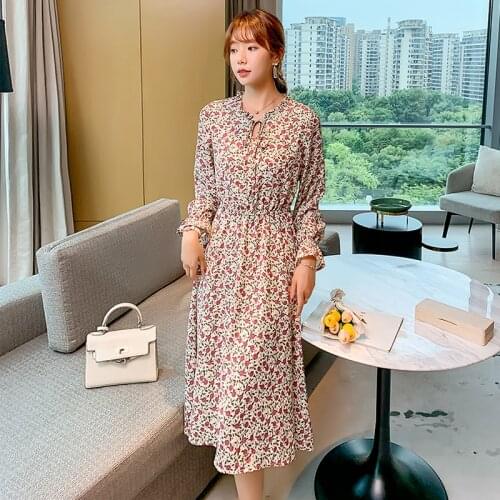 Korea Retro Elastic Waist Chiffon Dresses Women Long Sleeve Lace Up Bow Neck Ruffle Long Dress Autumn Rose Print Mujer Vestidos