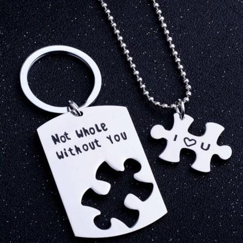 2PC Puzzle Not Whole Without You Stainless Steel Pendant Necklaces Lovers Couple Keyring Husband Wife Friends Keychain Gifts