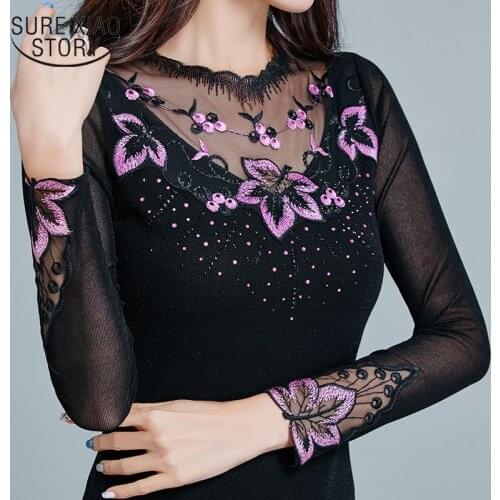 Hollow Out Women Blouse Mesh Sexy Tops Elegant Shirt New Casual Long Sleeve Embroidery Blouse Fashion Floral Women Tops 7978 50