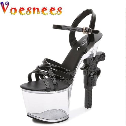 Voesnees Clear Heels Women Shoes Patent Leather Walking Show Sexy Bottom High-Heeled Pistol Heel Cross Strap Sandals for Women