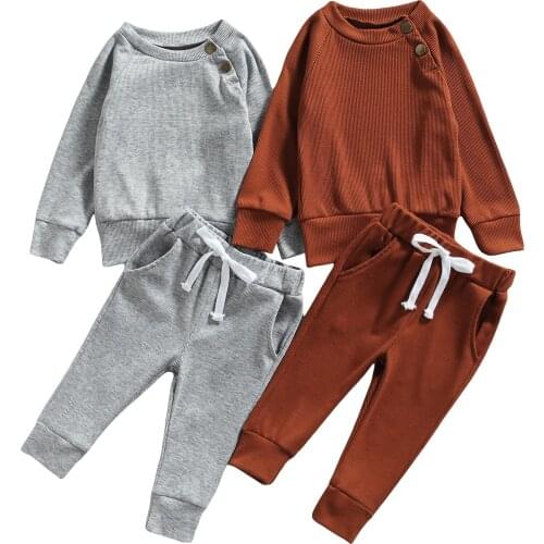 2Pcs Kids Spring Tracksuit, Solid Color O-Neck Long Sleeves Pullover Shirt + Casual Pants for Little Boys, Girls, 0-24 Months
