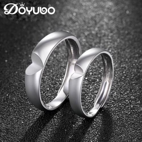 DOYUBO Simple Style 925 Sterling Silver Couples Heart Rings Adjustable Size Classical Solid Silver Lovers Engagement Rings VB257