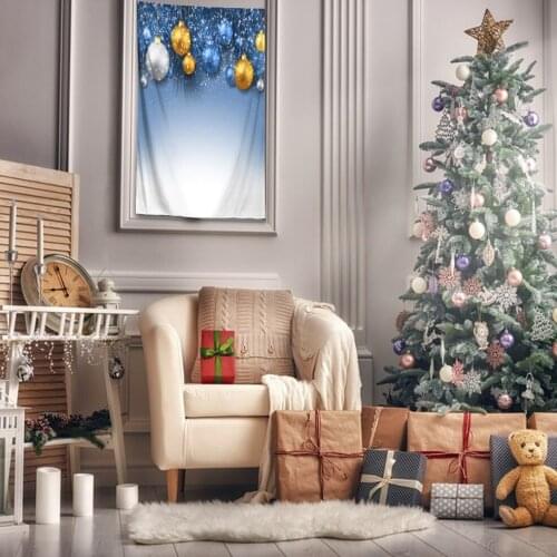 Tapestry Christmas Decoration Golden Silver Baubles With Fir Tree Branches Snowflakes Yellow Blue White