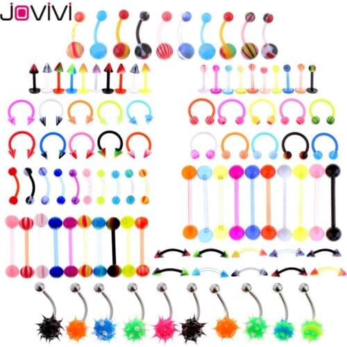Jovivi 1.2mm/1.6mm Stainless Steel UV Nose Septum Tongue Lip Eyebrow Nipple Ring Muliti-used Body Piercing Jewelry 100pcs Set