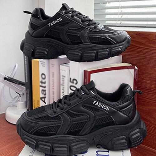 Womens Thick Bottom Daddy Shoes Non-slip Lace Up Patchwork Shallow Female Sneakers Leisure Ladies Vulcanized Shoes Fashion New