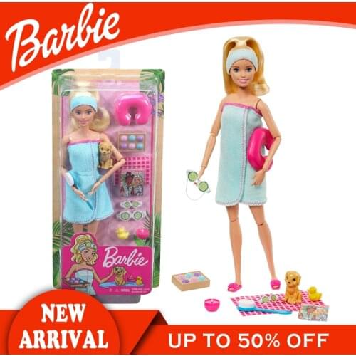 Original Barbie 18 Inch Doll Toys Spa Day Bath Puppy Articulated GJG55 Blond Girl Lovely Accessories Kids Brinquedo For Present
