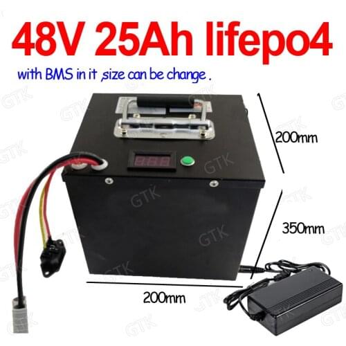 GTK 48v 25ah lifepo4 lithium battery with 50A BMS for 2500w 1500w motor bike scooter electric bicycle boat go cart + 5A charger