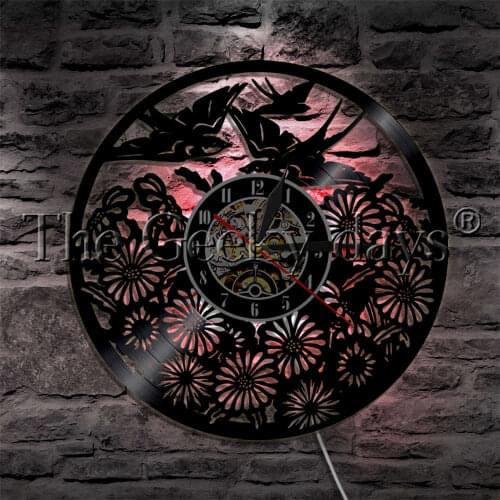 Birds Animals LED Lighting Vinyl Record Wall Clock With Color Change Wall Light Spring Flying Birds And Flowers Decor