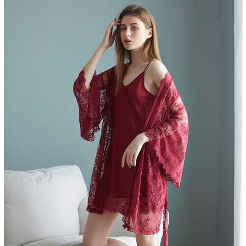 New Summer Ice Silk Thin Straps Nightdress Sexy Lace Perspective Ladies Nightdress Nightgown Two-piece Suit Female