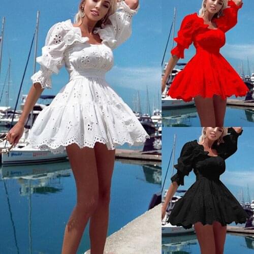 2021 new womens spring and summer A-line Dress High Waist Half-sleeve Solid Dresses For Women Summer Off Shoulder Ladies