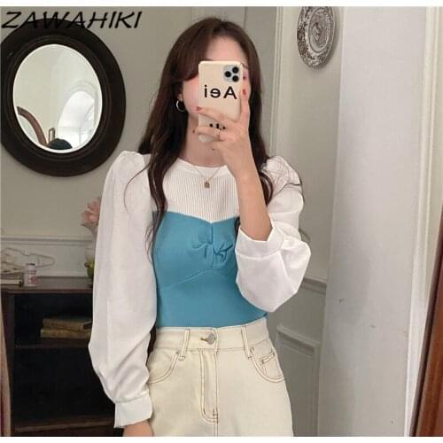 ZAWAHIKI Autumn New Korean Retro Contrast Color O Neck Casual Slim Stitching Puff Sleeve Short Knit Sweaters Womens Clothes