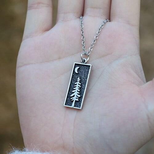 Vintage Silver Crescent Moon Pine Tree Choker Necklace Natural Daily Jewelry For Women Gift