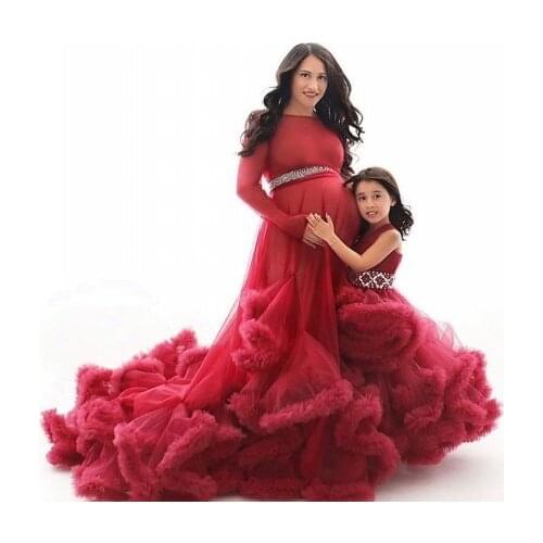 Puffy Mother And Kids Tulle Photo Shoot Dresses Extra Puffy Long Sleeves Crystal Waistband With Train Maternity Gowns