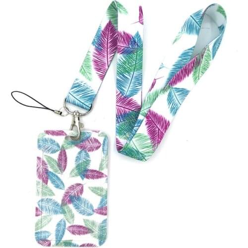 Purple Pink Blue Feathers Leaves Neck Strap Lanyard for keys lanyard card ID Holder Key Chain for Gifts