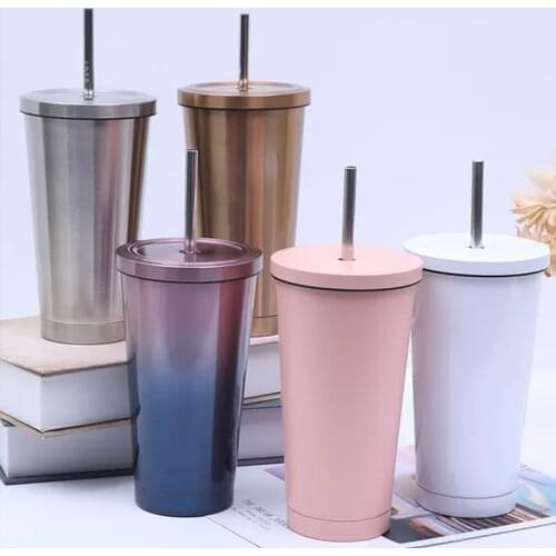 2021 Stainless Steel Water Mug Set 500ml Thermo Mugs Coffee Cups Water Bottle For Tea Flask Metal Cup Drink Straw Travel Cups