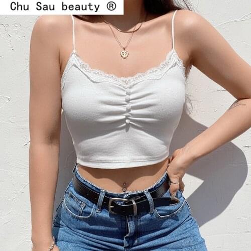 Chu Sau Beauty 2021 Summer New Lace Stitching Lace Collar Smocked Camisole Womens Inner Wrap Top White Fashion Female