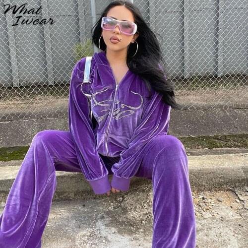 Whatiwear Flannel Letter Rhinestone Tracksuit Two-piece Suit Women Pocket Hoodie Sweatshirt+Casual Pants Autumn Matching Outfit