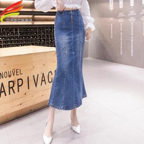 Autumn Winter Jean Skirts 2019 Women Denim Mermaid Skirt Package Hip Sexy Long Zipper Up Slim High Waist Long Skirt Women