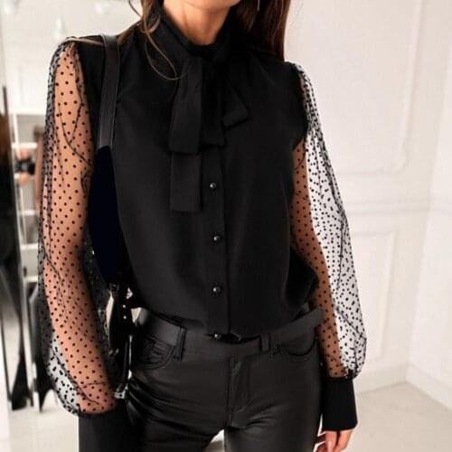 Women Elegant Lace Patchwork Blouse Shirt Women See Through Dot Print Mesh Long Sleeve Buttons Bowknot Shirt Blouse Top Blusa