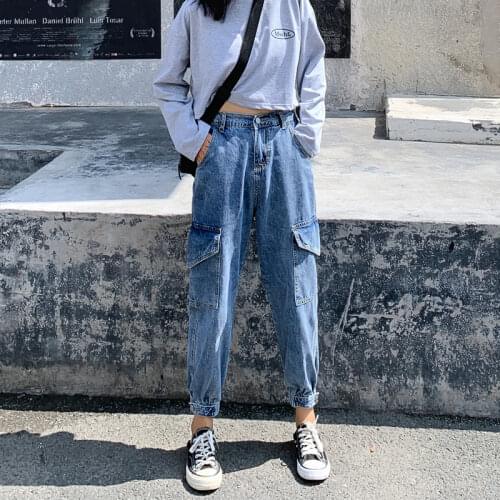 2021 New Women jeans Plus size Korean fashion style Cargo pants Big packet High quality Casual denim pants streetwear jeans