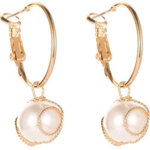 Retro Golden Hollow Circle Simulated Pearl Sleeper Charm Alloy Drop Earrings Dangle Earrings For Women