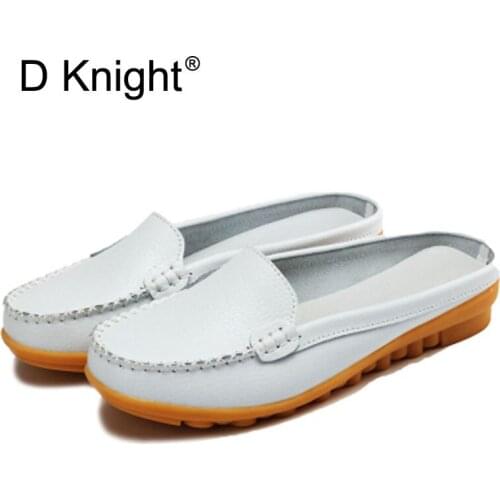 2021 New Summer Split Leather Moccasins Round Toe Flat Woman Slippers Slip On Black Female Shoes Comfortable Loafers Mules Slide