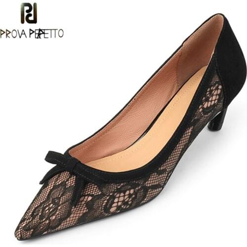 Sheepskin Lace Stitching Black High Heels Womens 2021 New Stiletto French Retro Pointed Bow Mid-heel Elegant Single Shoes