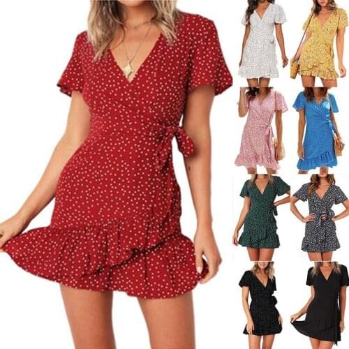 2021 Summer Womens A-Line Dress Sweet Elegant Floral Ruffles V-neck Bandage Short Dress for Lady Chic Flowers Mini Dress
