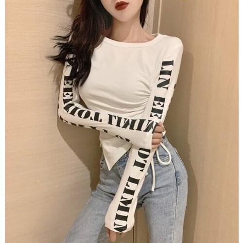 2020 spring summer Tops Tees Women Drawstring Letter Print Hip Hop T Shirt Long Sleeve O-Neck Solid Stretch T-shirts For Women