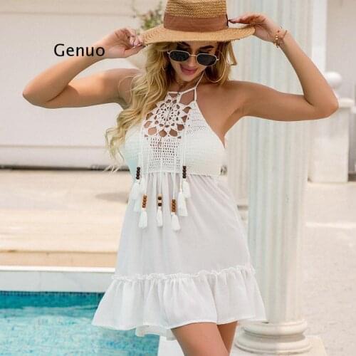 Hollow Out Tassel Dresses V Neck Sundresses Cover Ups Swimsuit Bikini Chiffon Short Dress Beach Bathing Suit Swimwear