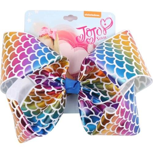 8" Mermaid Hair Bows With Clips For Kids Girls Boutique Printed Metallic Leather Ribbon Bows Hairgrips Children Hair Accessories