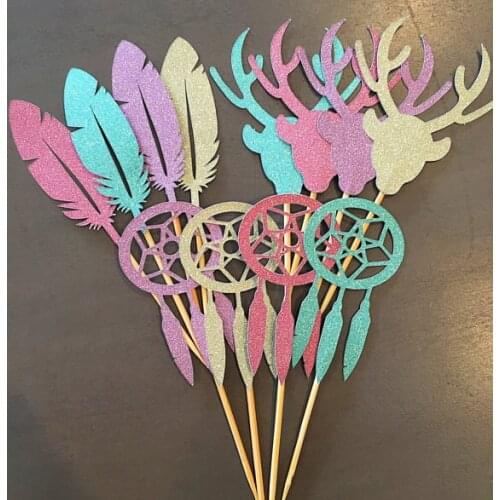 Glitter Stag Head Feather Dream Catcher Cupcake Appetizer toppers bridal shower Wedding engagement Bachelor party food picks